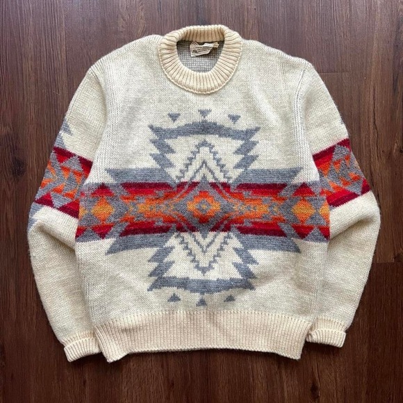 Pendleton Other - Vintage Pendleton Aztec Pattern Wool Knit Heavyweight Sweater Mens Large Cream